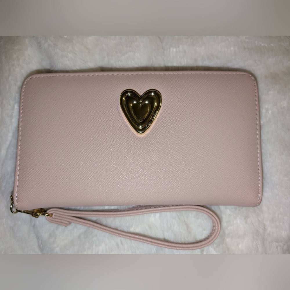 Betsey Johnson Heart Zip Around Wristlet Wallet in blush pink